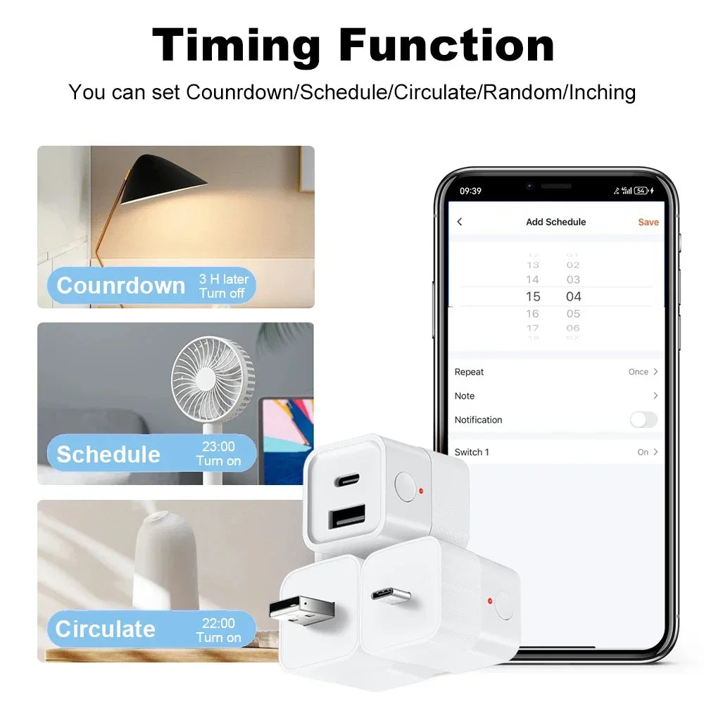 Smart USB Adapter Switch Zigbee 3.0  2 in 1 Mini USB Type-C Power Adaptor Plug Works with Home Assistant Zigbee2MQTT ZHA