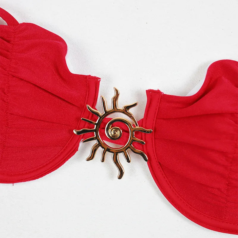 2025 new solid color steel support gathering bikini women's split swimsuit women's two-piece swimsuit