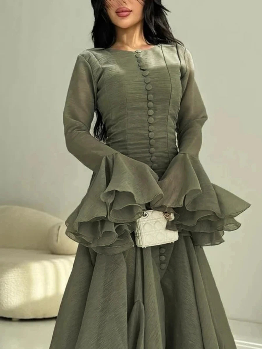 TWOTWINSTYLE Solid Slimming Spliced Folds Dresses for Women Round Neck Long Sleeves Patchwork Buttons Dress Female Clothing New