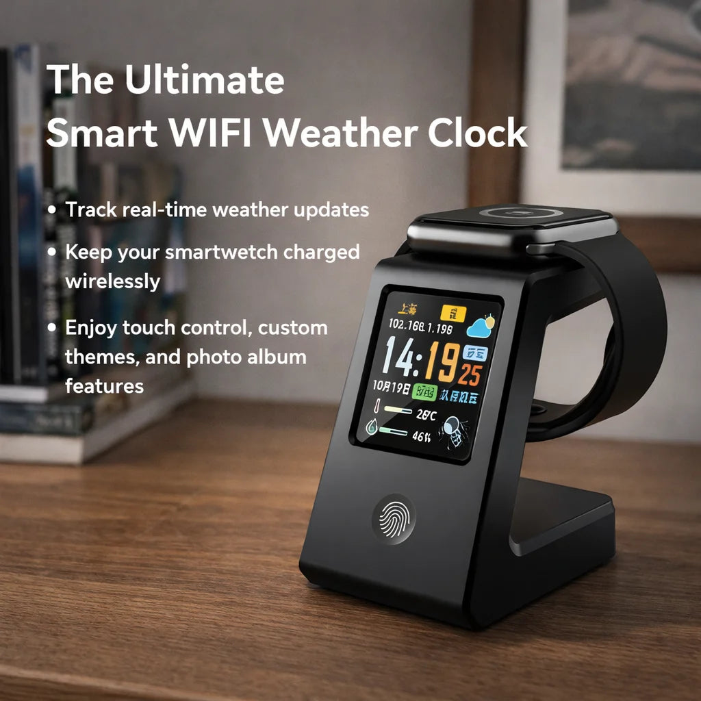 Slim WiFi-weerhorlosie, met draadlose laai vir horlosies, digitale tafelhorlosie, intydse weervertoning, raakbeheer