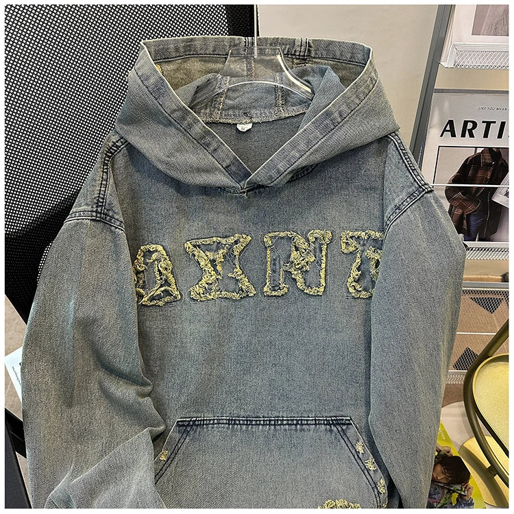 Men's Autumn New Hoodies&Sweatshirts Letter Patchwork Denim Pullover Tops American Fashion Streetwear Ripped Hooded Jackets