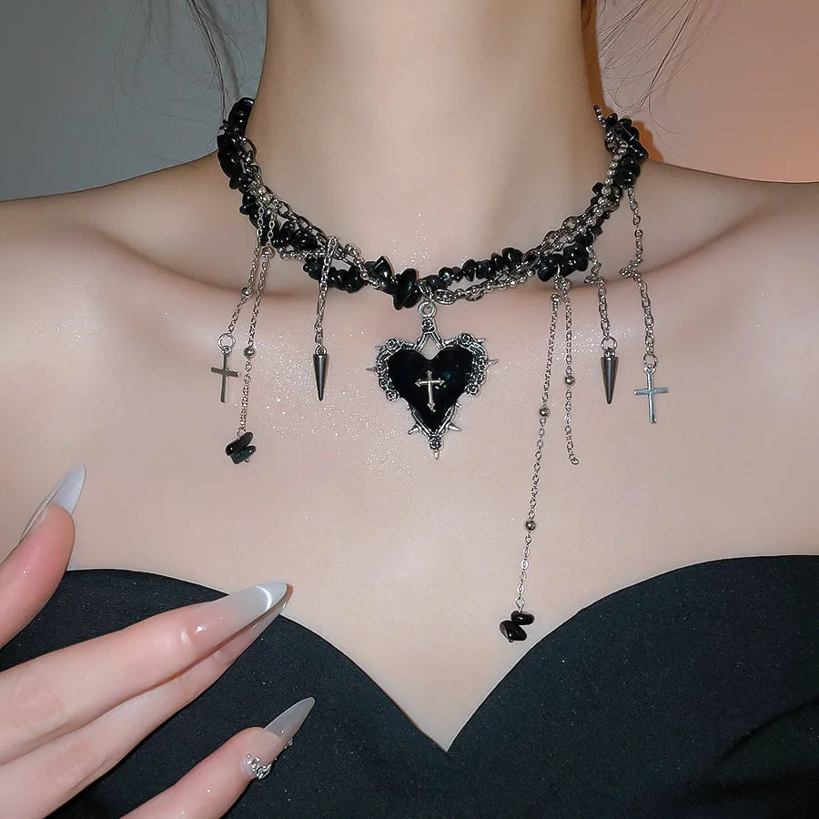 Goth Vintage Y2K Dark Red Heart Cross Pendant Irregular Stone Bead Choker Necklace Women Punk Halloween Grunge EMO Accessories