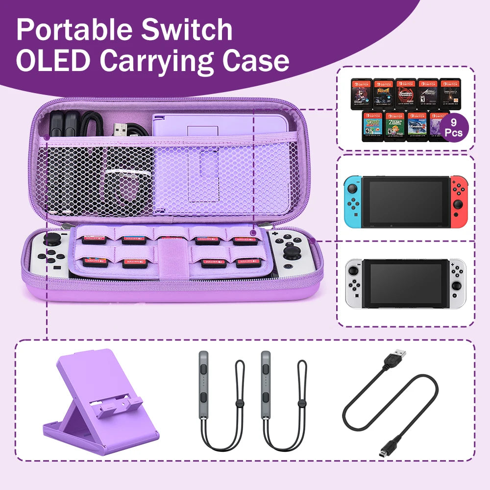 15 in 1 Switch OLED Storage Kit Switch Case and Thumb Caps Portable Waterproof Travel Bag for Switch Console & J-Con (Purple)