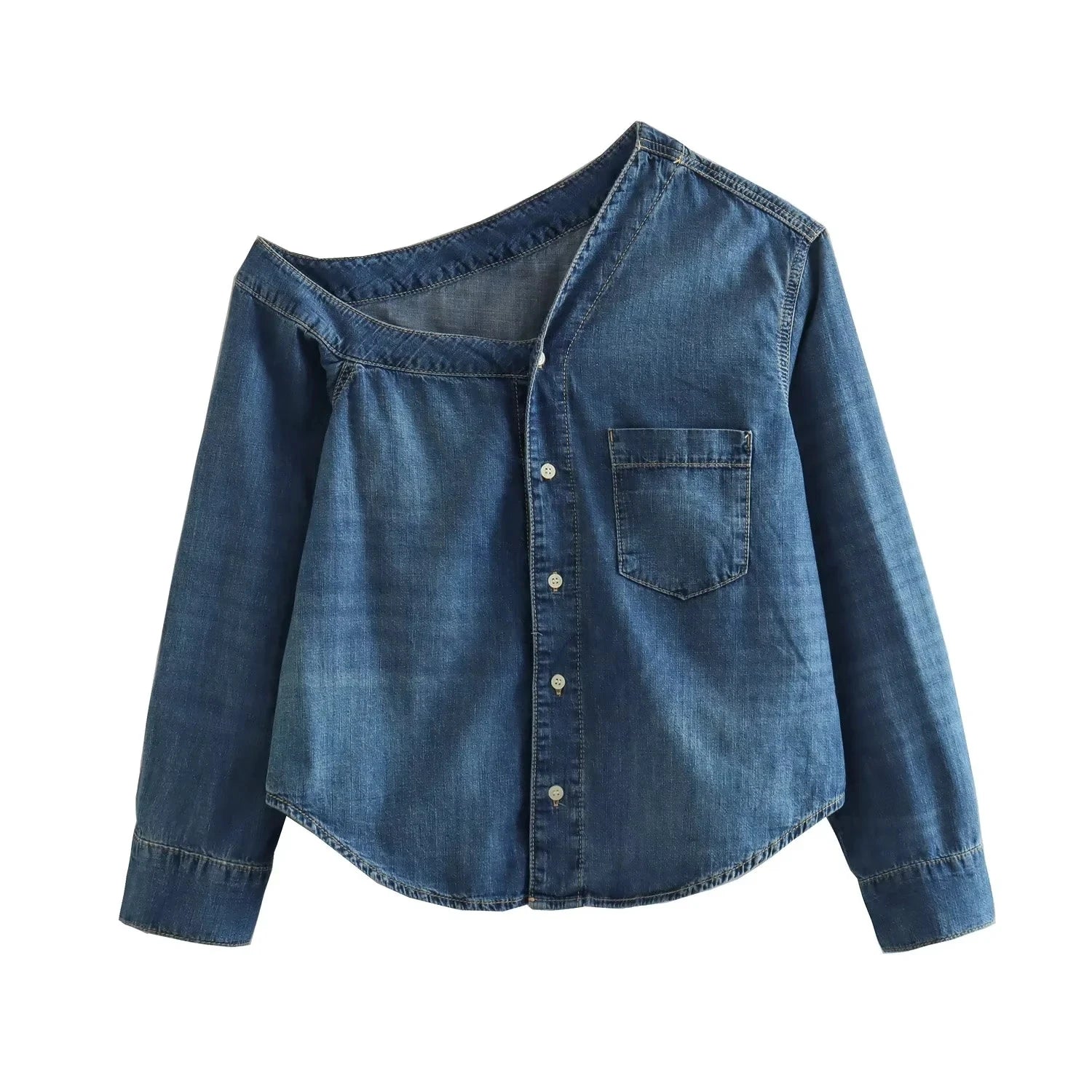 2025 Women's Denim Shirts Button Blouses Asymmetric's Shirts Tops