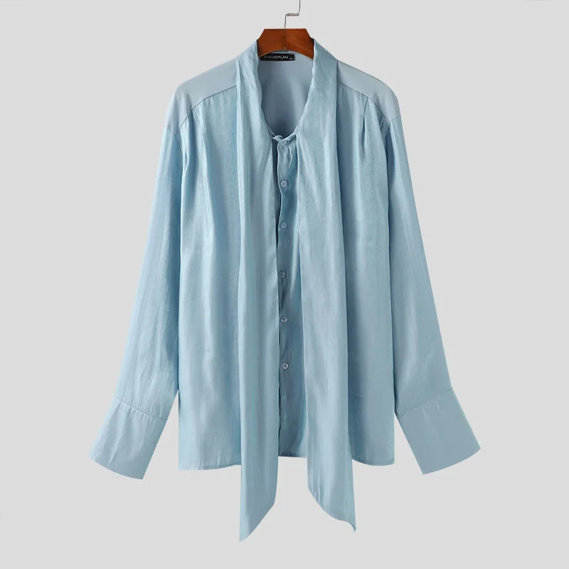 INCERUN Tops 2024 Korean Style Men's Ribbon Pleated Glitter Design Shirts Leisure Male Solid All-match Long Sleeved Blouse S-5XL