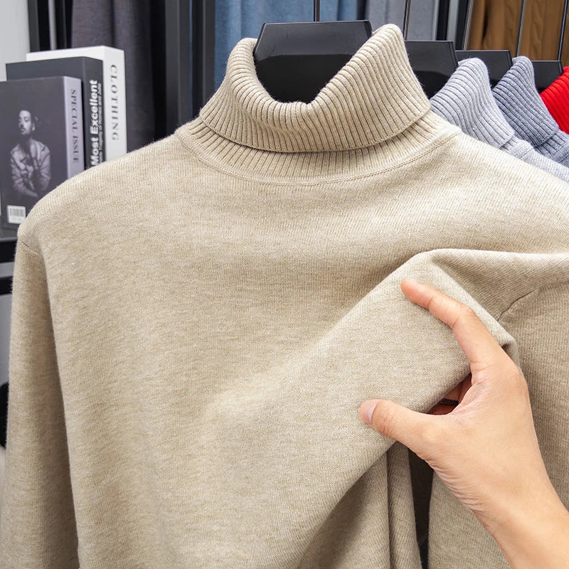Autumn Mens High Quality Knitted Turtleneck Sweater Slim Fit Long Sleeve Anti-pilling Pullover Solid Color Trend Men Streetwea