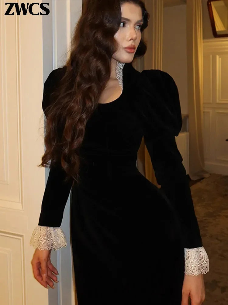 Square Collar Puff Sleeve Women Dress Patchwork Slim Pleated Lady Maxi Dresses 2026 Elegant Spring Vintage Female Vestidos