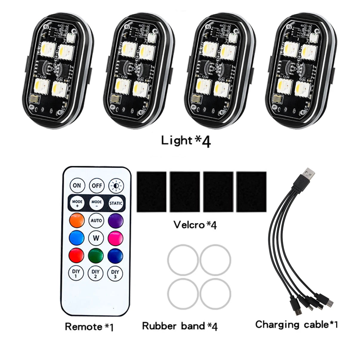 2/4Pcs Wireless Car Ambient Light Color Changing Car Interior Decorative Light with Remote Control Charging Car LED Strobe Light