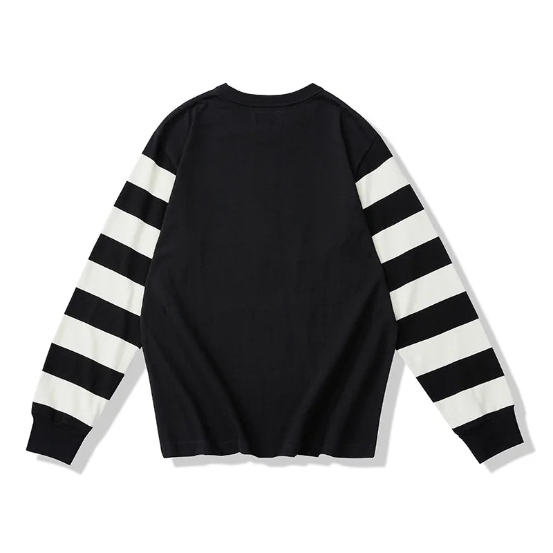 280G Heavyweight Dual Yarn Cotton Spring Fall Fashion Zebra Stripe T-shirt Men's Long Sleeve Casual Loose Tee Premium Basic Tops