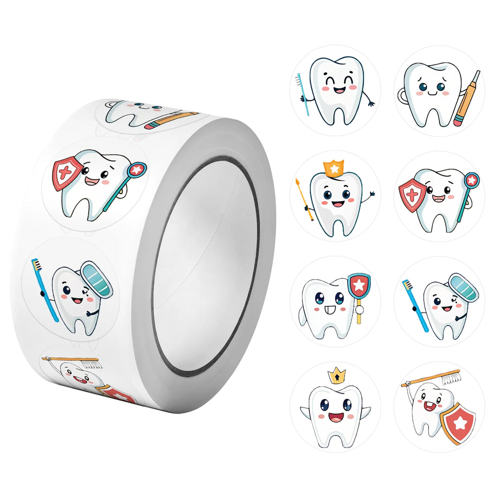 1Roll(500Pcs) Take Care of Teeth Dental Defender Stickers 2.5cm/1.0'' 8 Designs Decals Diy Adorn Gifts Packaging Home Decor
