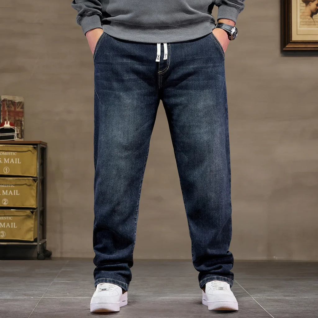 Extra Big Size Jeans Men High Elastic Waist Baggy Denim Pant Male Plus Large Loose Slim Fit Cowboy Trouser 8XL 6XL Classic Black