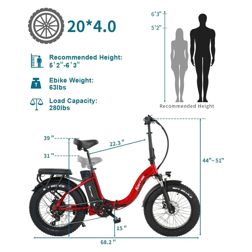 Fat Tire Folding Electric Bike 48V 624Wh Removable Battery 1100W Motor 20mph Suspension Step-Thru Frame, Custom