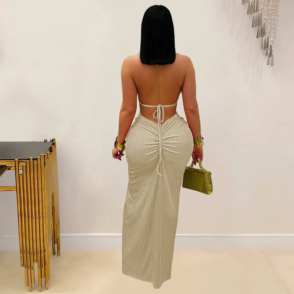 Joskaa Women Summer Knit Halter Long Dress Sexy Hollow Backless Slit Bodycon Maxi Dresses Holiday Party Club Beachwear S-XXL