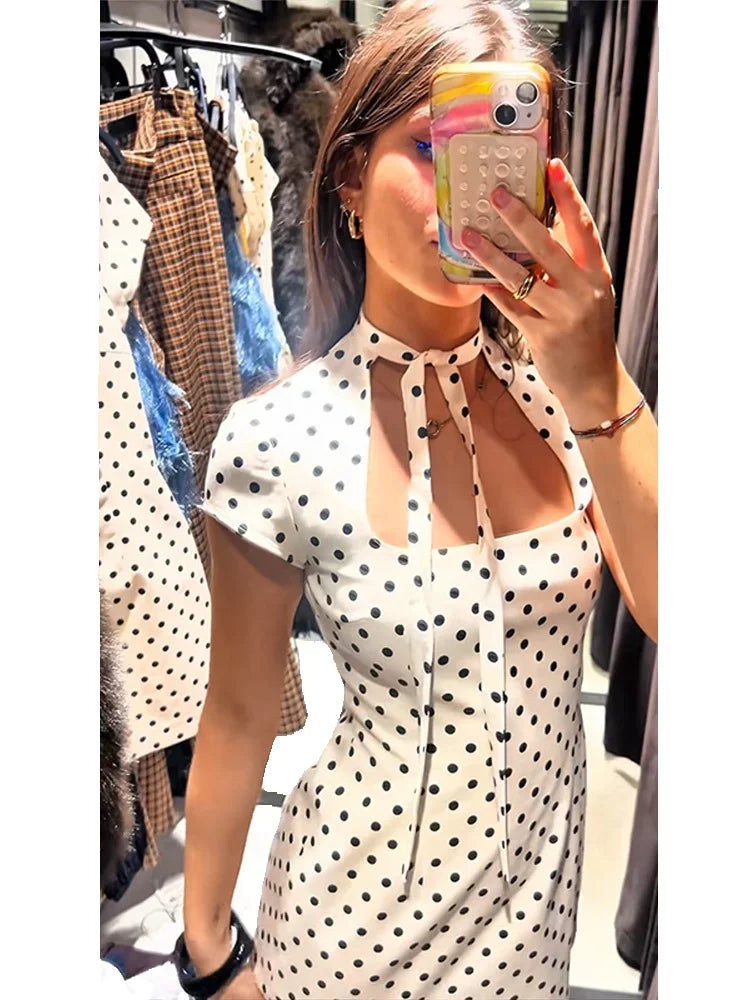 Sexy Women's Dress Halter Lace Up Short Sleeve Polka Print Female Dresses 2026 Early Spring New Fashion Chic Party Lady Robes