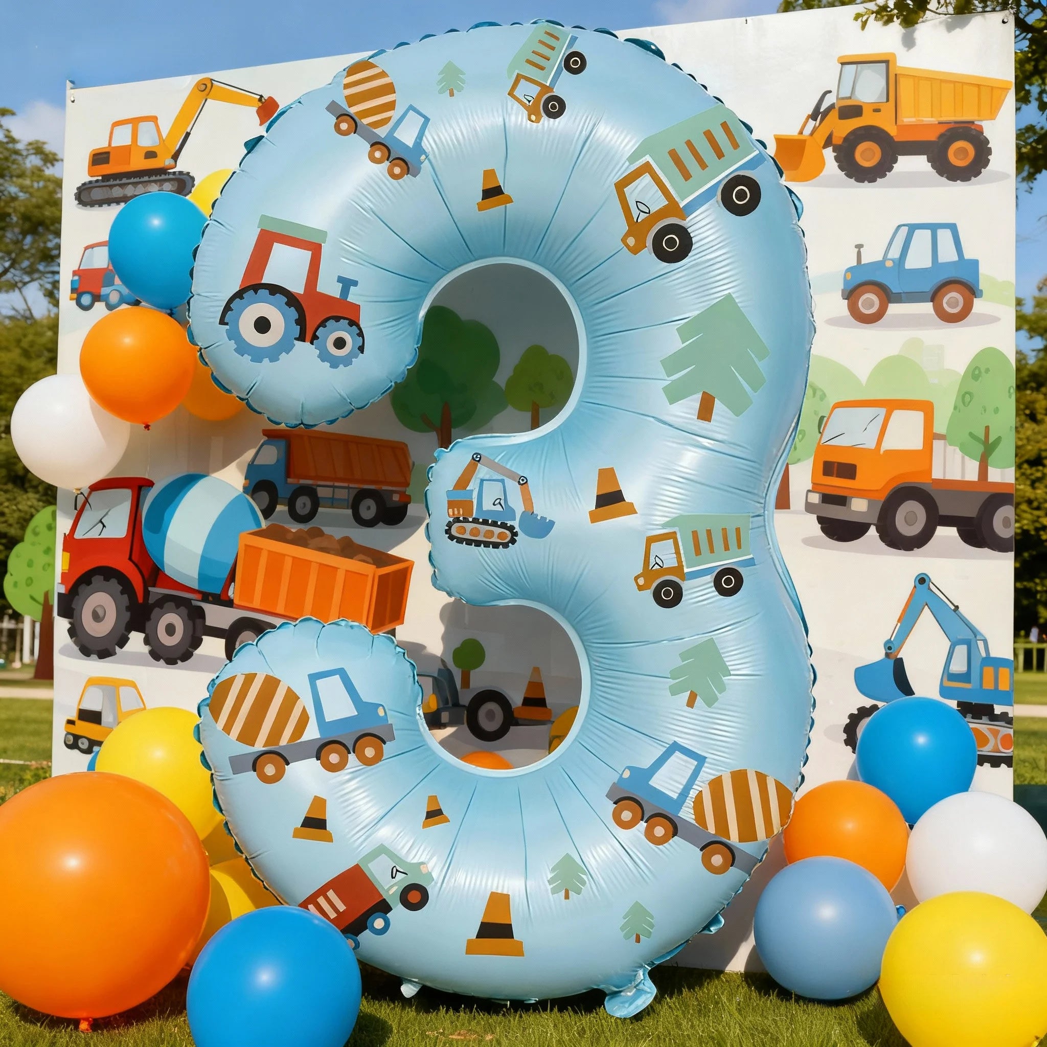 32in Foil Number Balloons with Construction Vehicle Stickers, 0-9 for Birthday Party Home Decor, Graduation/Halloween/