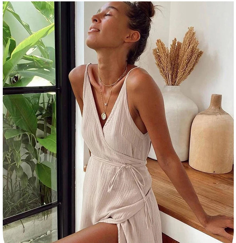 Casual 100% Cotton Gauze Muslin Women'S Dresses Summer Sexy V-Neck Suspender Nightdress Wrap Slit Holiday Beach Party Vestidos