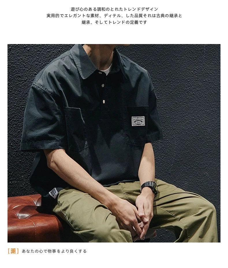 Korea American Casual Men's T-shirt Summer Tooling Style Short Sleeve New Pocket Shirt Collar Men's Clothing Loose Plus Size Top