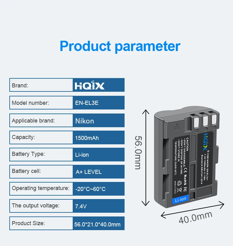 HQIX for Nikon D50 D70 D70S D80 D90 D100 D200 D300 D300S D700 Camera EN-EL3E Charger Battery