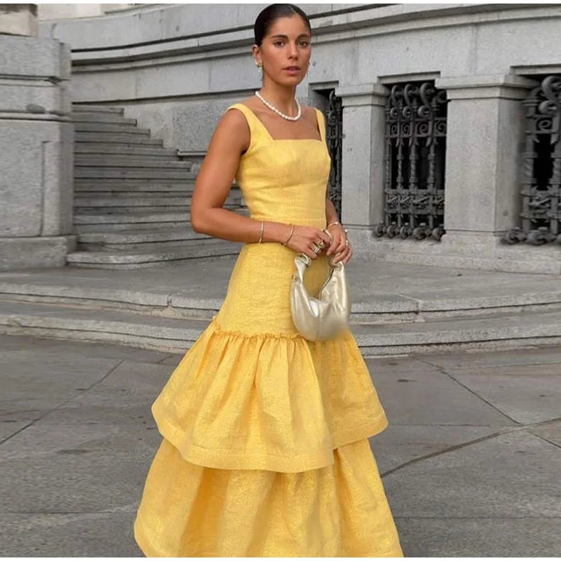 Elegant Ruffles Shiny Dress Women Square Neck A Line Solid Sleeveless Robe Female 2024 Summer Fashion Party Evening Dresses Lady