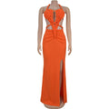 Joskaa Women Summer Knit Halter Long Dress Sexy Hollow Backless Slit Bodycon Maxi Dresses Holiday Party Club Beachwear S-XXL