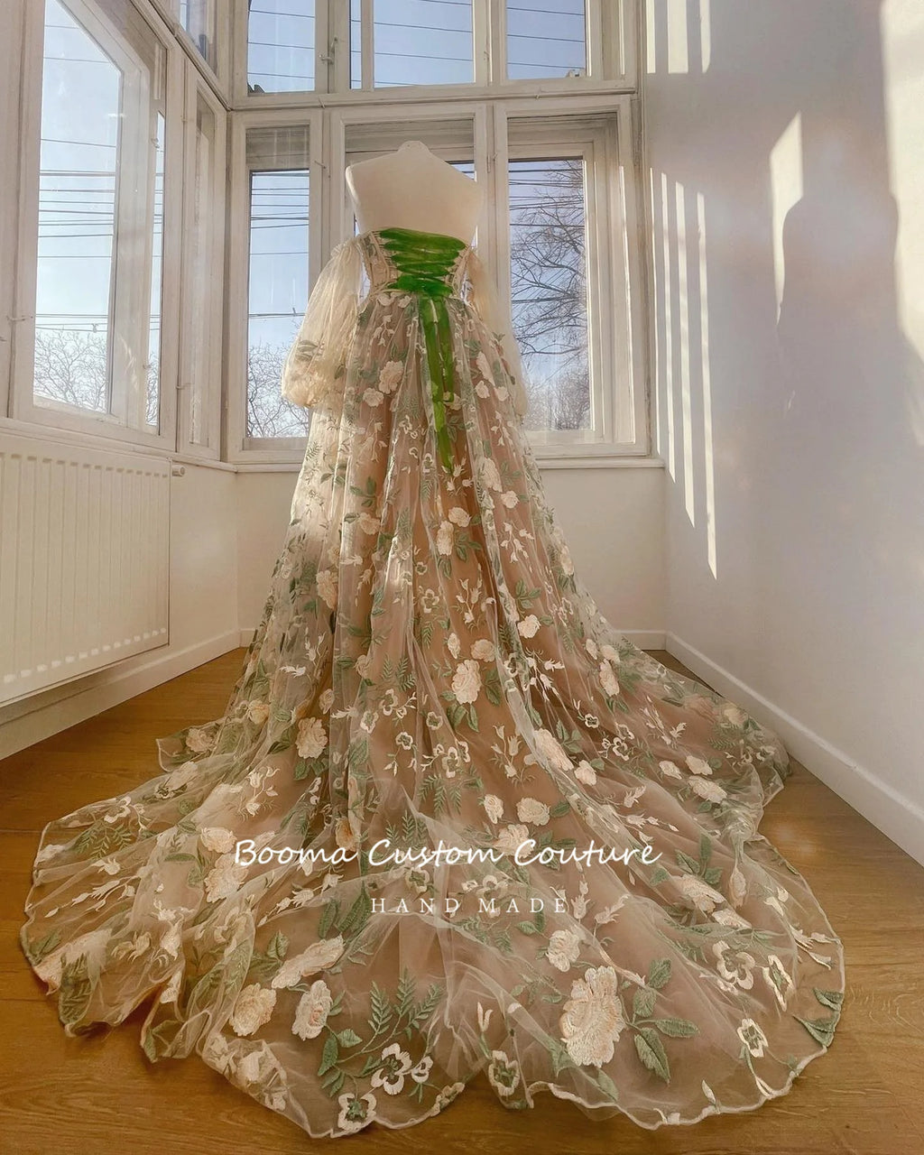 Booma Beige Embroidery Lace A-Line Prom Dresses Sweetheart Puff Sleeves Pearls Corset Lace Up Formal Party Gowns Customized