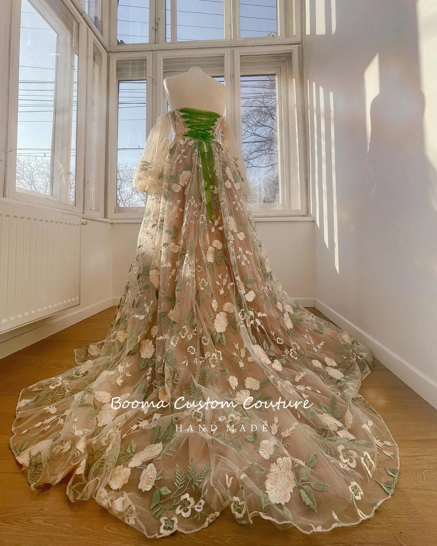 Booma Beige Embroidery Lace A-Line Prom Dresses Sweetheart Puff Sleeves Pearls Corset Lace Up Formal Party Gowns Customized