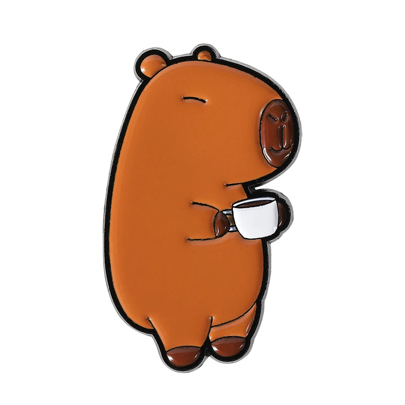Cute Capybara Animal Enamel Pins Cartoon Cappy with Coffee Metal Brooches Lapel Badge Funny Animal Jewelry Gifts for Friends