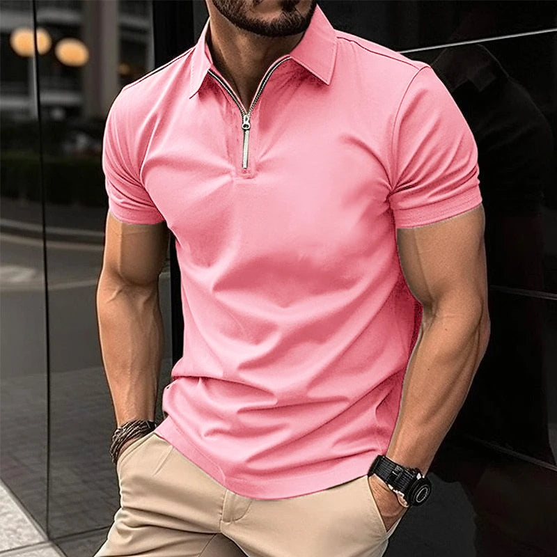 Men's Solid Color Polo Shirt Short Sleeve Zipper Collar Tshirts &for Men Summer Turn-Down Streetwear New Male Jogger Tops