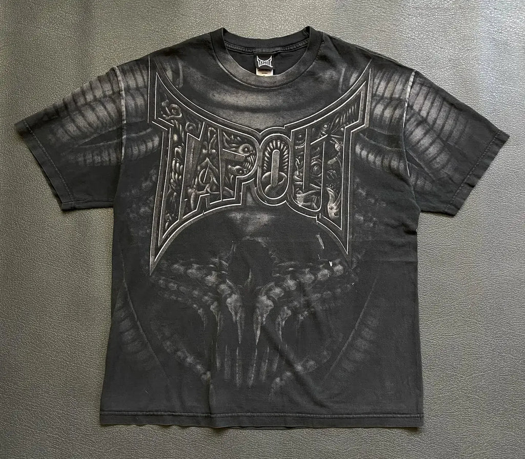 Gothic Vintage Distressed T-Shirt Two-in-One Skeleton Print Layered Top Y2K Retro Streetwear Loose Fit Harajuku Fashion Tee