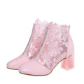 Women's Boots Floral Embroidery Clear Chunky Heel Boots Hollow Lace Chunky Heel Ankle Back Zip High Heels Bota Verano Mujer
