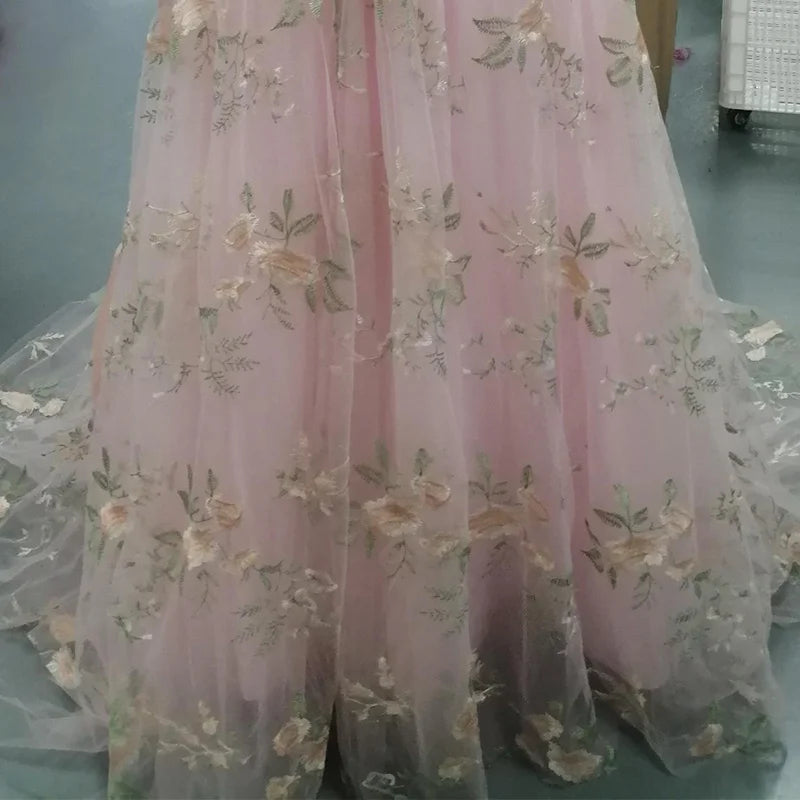 Booma Beige Embroidery Lace A-Line Prom Dresses Sweetheart Puff Sleeves Pearls Corset Lace Up Formal Party Gowns Customized