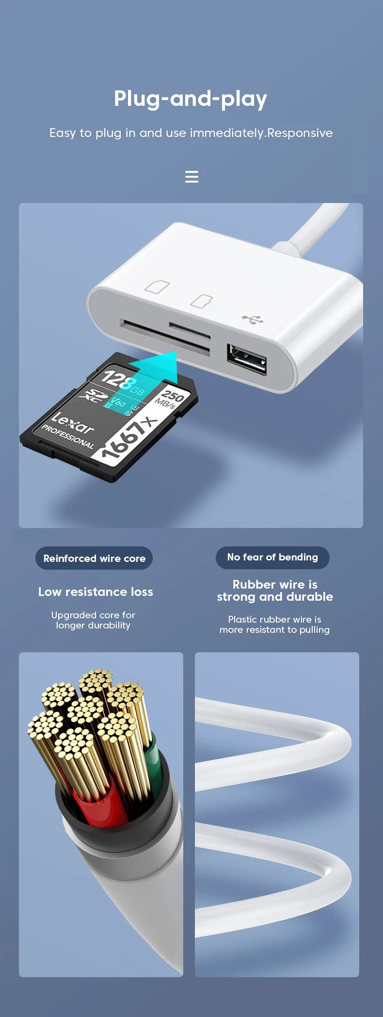 USB C SD Card Reader for Phone Type C 3 in 1 SD TF CF Card Reader Type C CF Card Reader Adapter Camera Card Reader Plug and Play