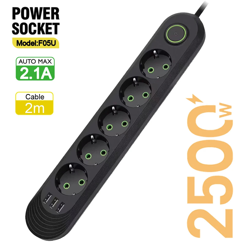 EU Plug AC Outlet Multiprise Power Strip 2m Extension Cord Electrical Socket Network Filter With USB Ports 2.1A Fast Charging