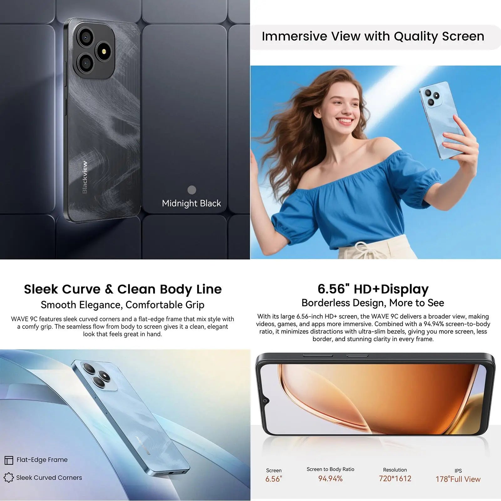 Blackview WAVE 9C Smartphone 4GB+128GB 6.56'' Android 15 Unisoc T603 5000mAh 13MP Camera 4G Cellphone