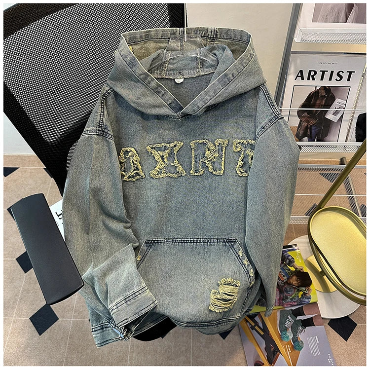 Men's Autumn New Hoodies&Sweatshirts Letter Patchwork Denim Pullover Tops American Fashion Streetwear Ripped Hooded Jackets