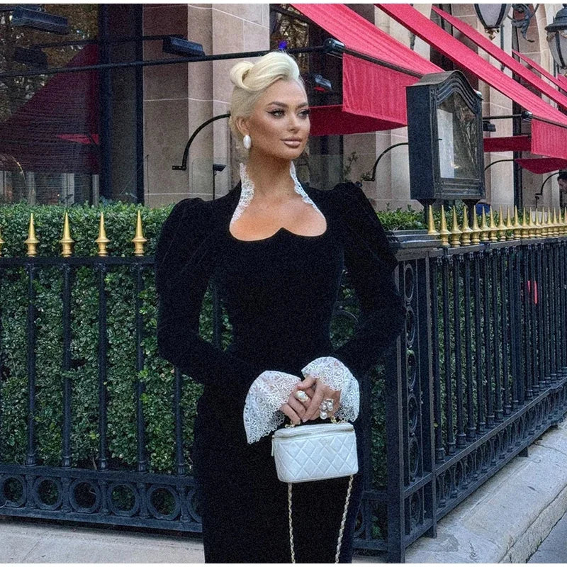 Square Collar Puff Sleeve Women Dress Patchwork Slim Pleated Lady Maxi Dresses 2026 Elegant Spring Vintage Female Vestidos