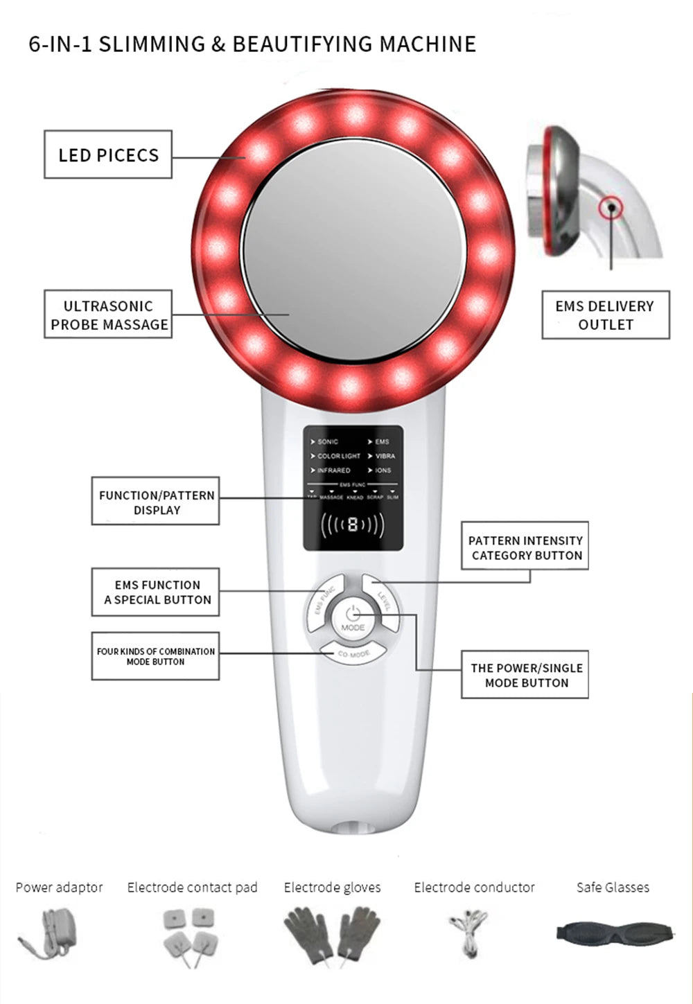 6 in1 EMS Ultrasound Cavitation Galvanic Ultrasound Body Massager Face Lifting Machine Infrared Therapy Facial Skin Care Tools