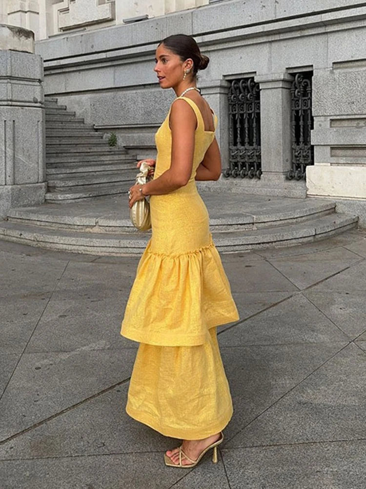 Elegant Ruffles Shiny Dress Women Square Neck A Line Solid Sleeveless Robe Female 2024 Summer Fashion Party Evening Dresses Lady