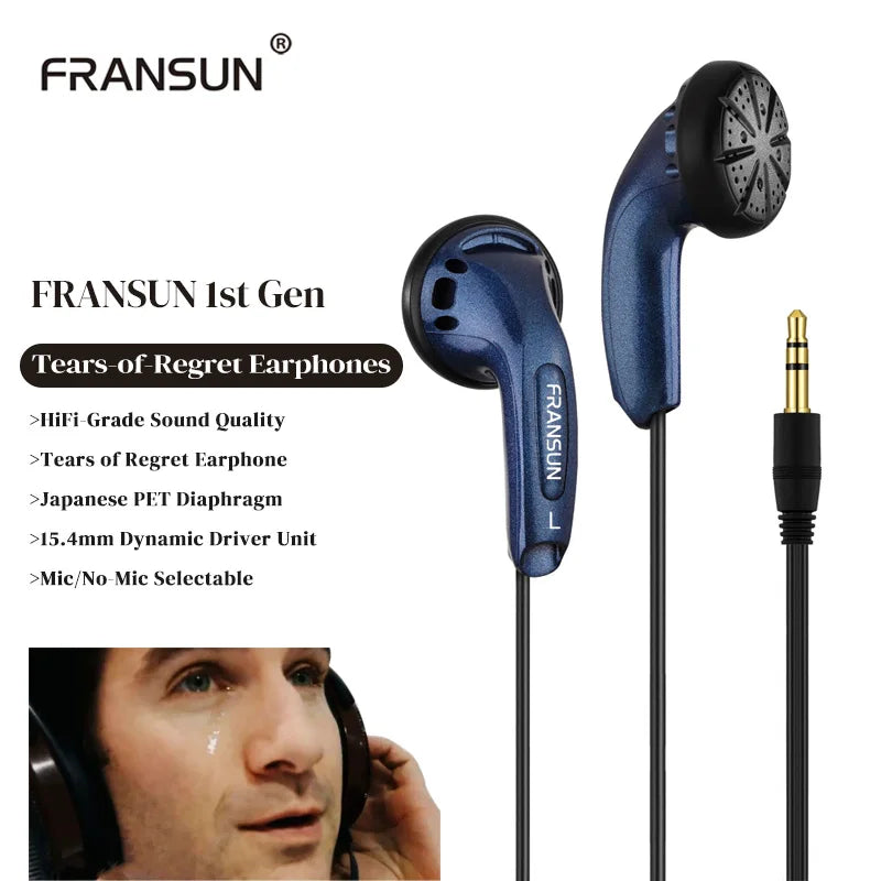 Fransun 1st Gen Flat-Head Earphones 15.4mm Dynamic Driver Earbuds 15.4mm Dynamic HiFi Sound Tears-of-Regret Headphones With Mic