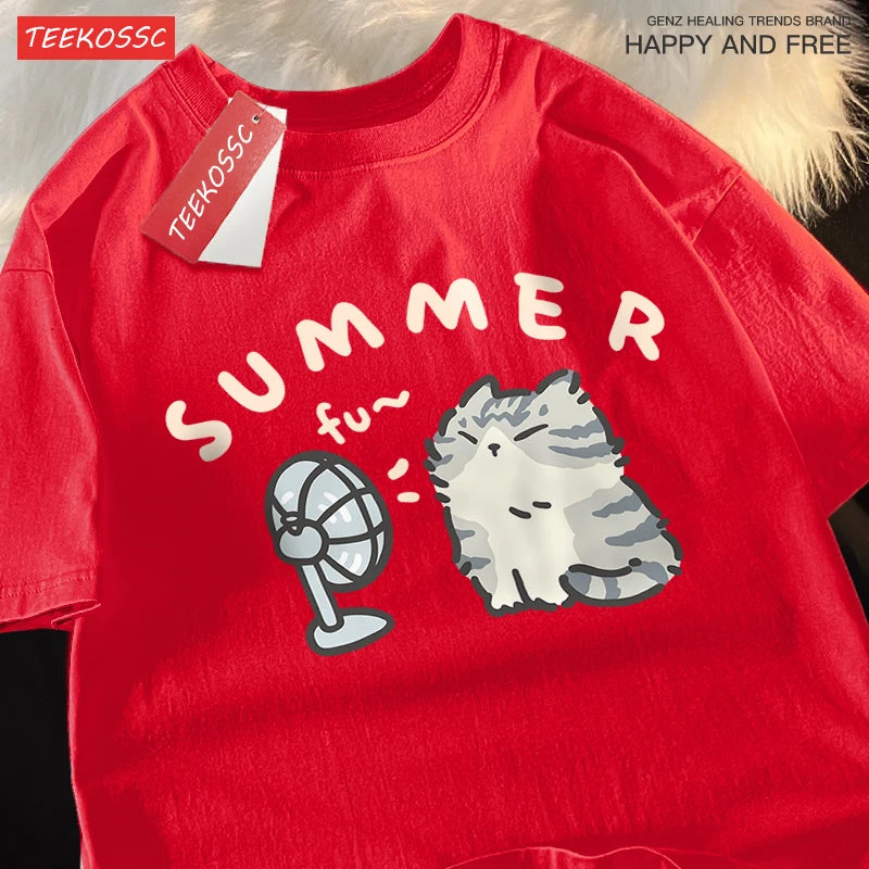 American Street Creative Blow Fan Cat Pure Cotton T-shirt for Men Women Summer Relaxed Short Sleeve Couple Wear Harajuku Top Tee
