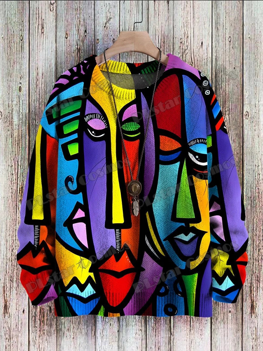 Abstract Art Girl Multicolor Pattern 3D Printed Men's Crewneck Knitted Pullover Winter Unisex Casual Knit Pullover Sweater ZZM47