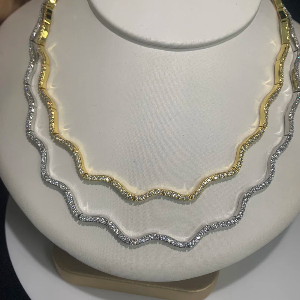 2026 New Arrived Trendy Women Jewelry Set Micro Paved CZ Curved Bar Wave Charm Chain Braelet Choker Necklace