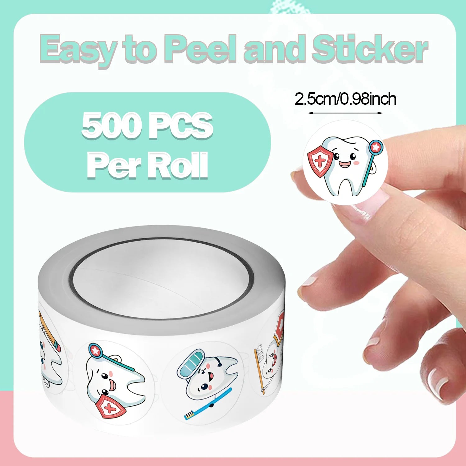 1Roll(500Pcs) Take Care of Teeth Dental Defender Stickers 2.5cm/1.0'' 8 Designs Decals Diy Adorn Gifts Packaging Home Decor