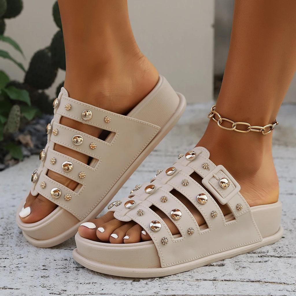 Summer Casual Sandals for Women, Leather Studded Flat Mid-Heel Roman Sandals, Open-Toe Design with Cross Straps, Slip-On Style, Mother's Day Gift