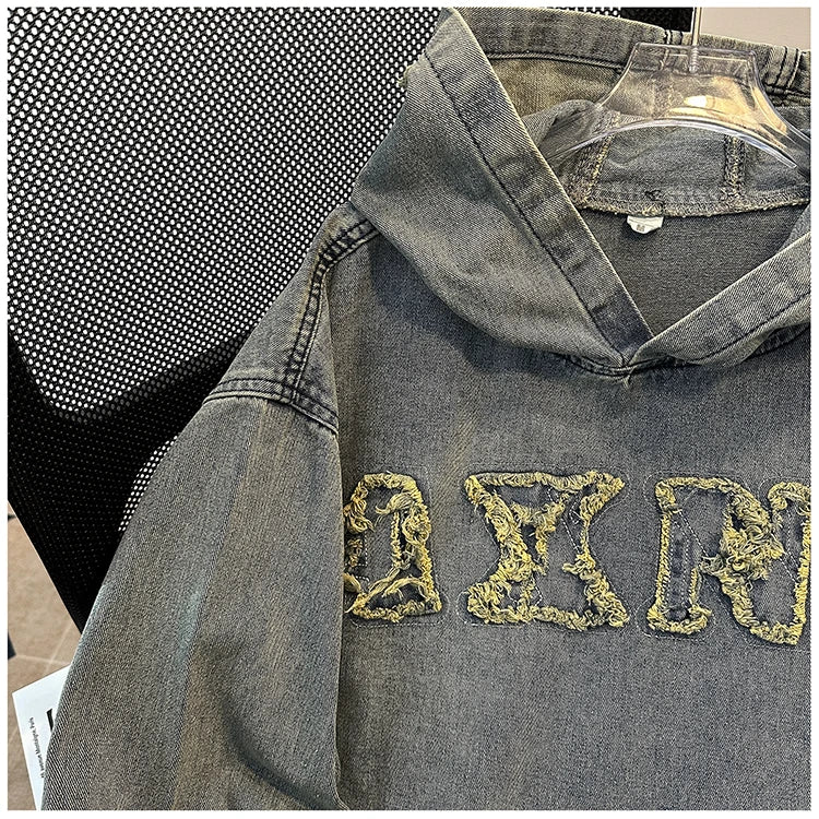 Men's Autumn New Hoodies&Sweatshirts Letter Patchwork Denim Pullover Tops American Fashion Streetwear Ripped Hooded Jackets