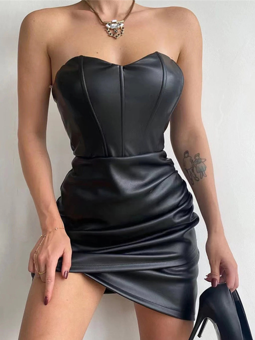 Sexy corset black PU bodycon summer dress women backless leather mini club birthday party dress short evening dresses vestidos