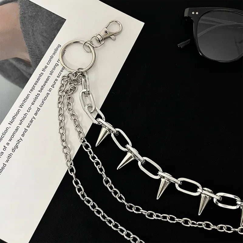 Silver Punk Double-Layer Waist Chain Rivet Decorations Adjustable Length Metal Belt for Women Men Street Style Belts Pants Chain