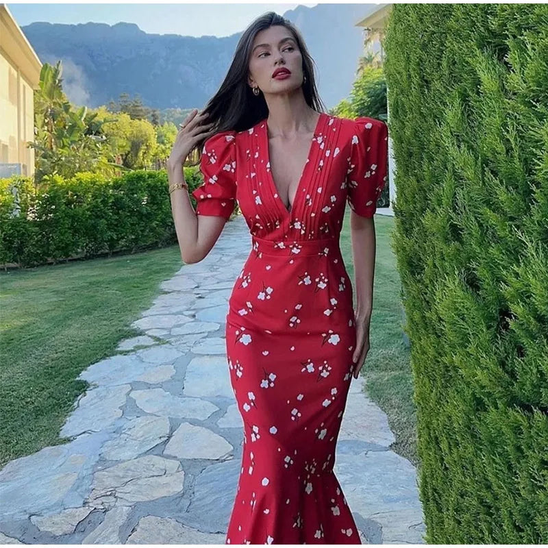 Sexy Print Deep V-neck Midi Dress Women Pleat Slim Puff Half Sleeve Party Holiday Dresses 2025 Summer Lady High Waist Robes