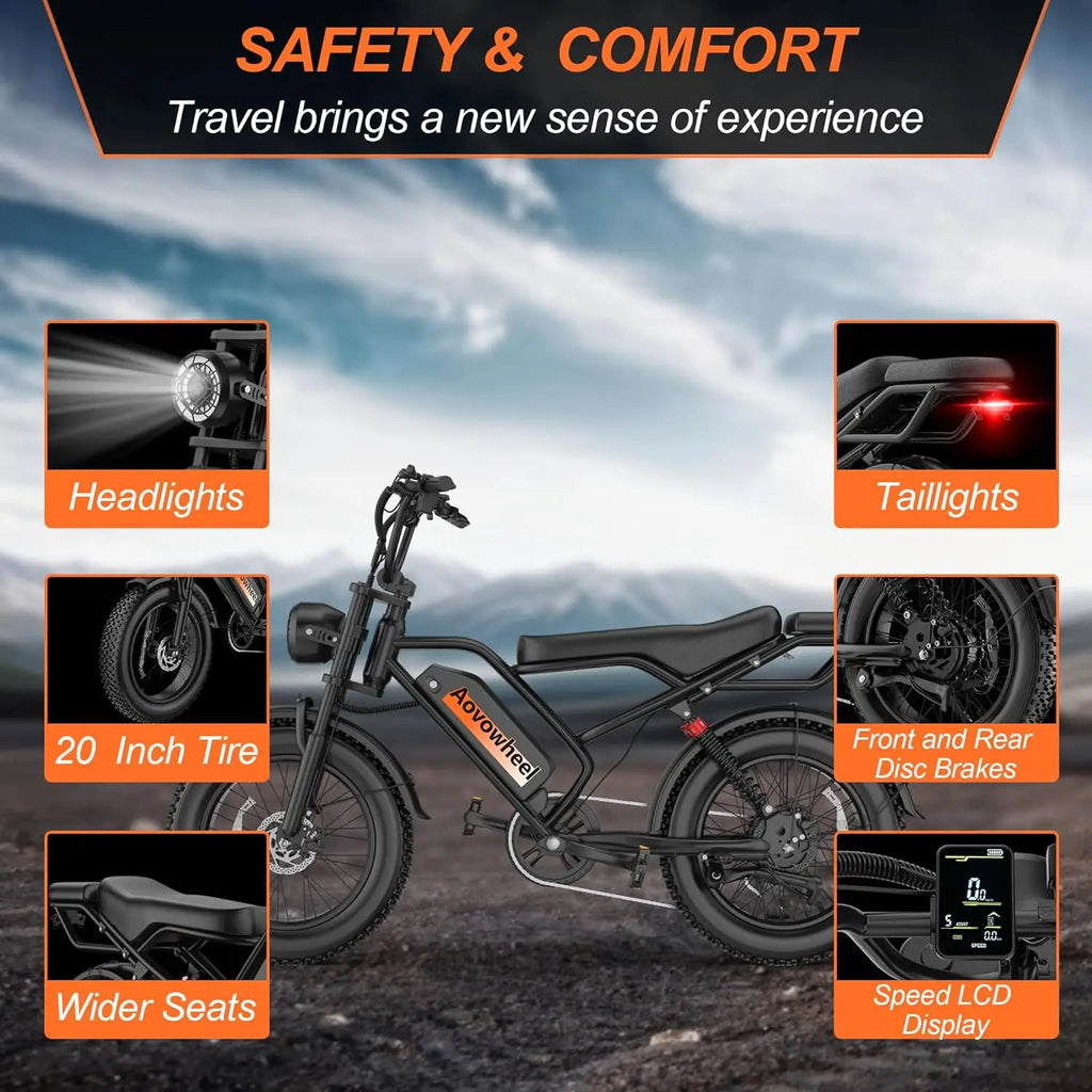 AOVOPRO AOVOWHEEL AP20(AW2PRO) Electric Bike 1500W 20" Fat Tire 31mph Top Speed 70 Miles Range for Road Sand Mountain Snow Electric Motorcycle