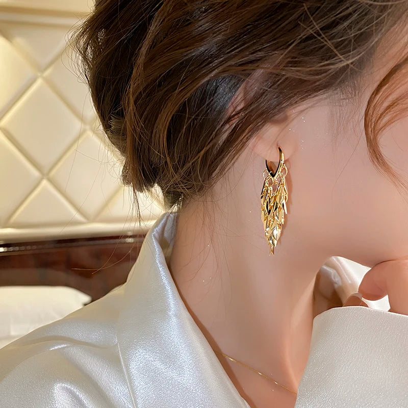 South Korea new design fashion jewelry 14K gold plated leaf tassel love earrings elegant women's daily work accessories